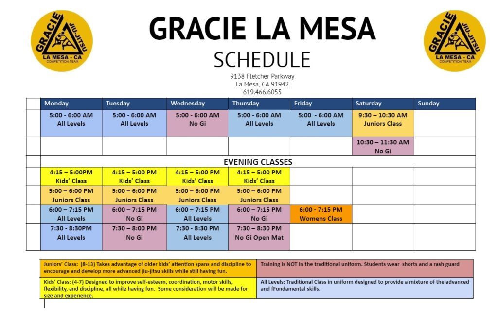 Schedule Gracie JiuJitsu La Mesa Brazilian JiuJitsu Free Trial